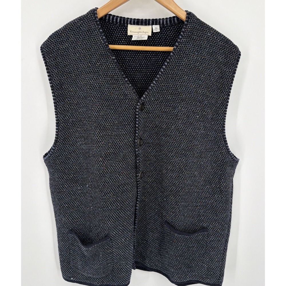 Ermenegildo Zegna Sz L Wool Blend Button Front Sweater Vest Navy Made in Italy